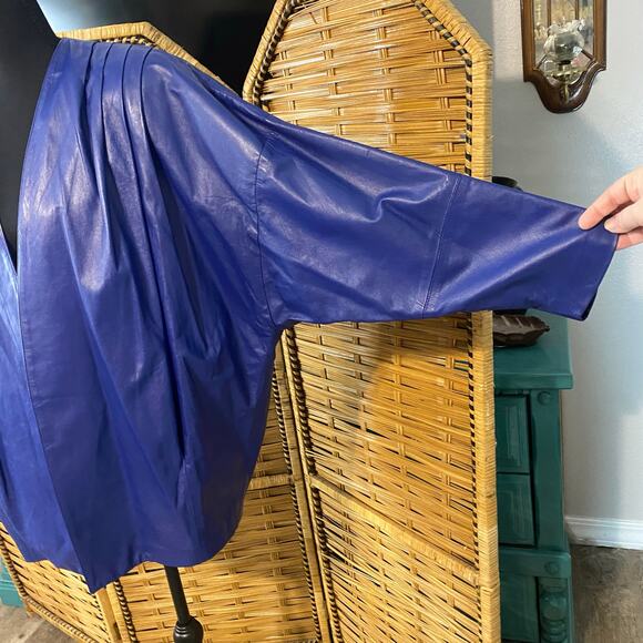 Vintage Ruth Wagner Genuine Leather Jacket Blue Kimono Dolman Sleeve M/L USA - Picture 6 of 11